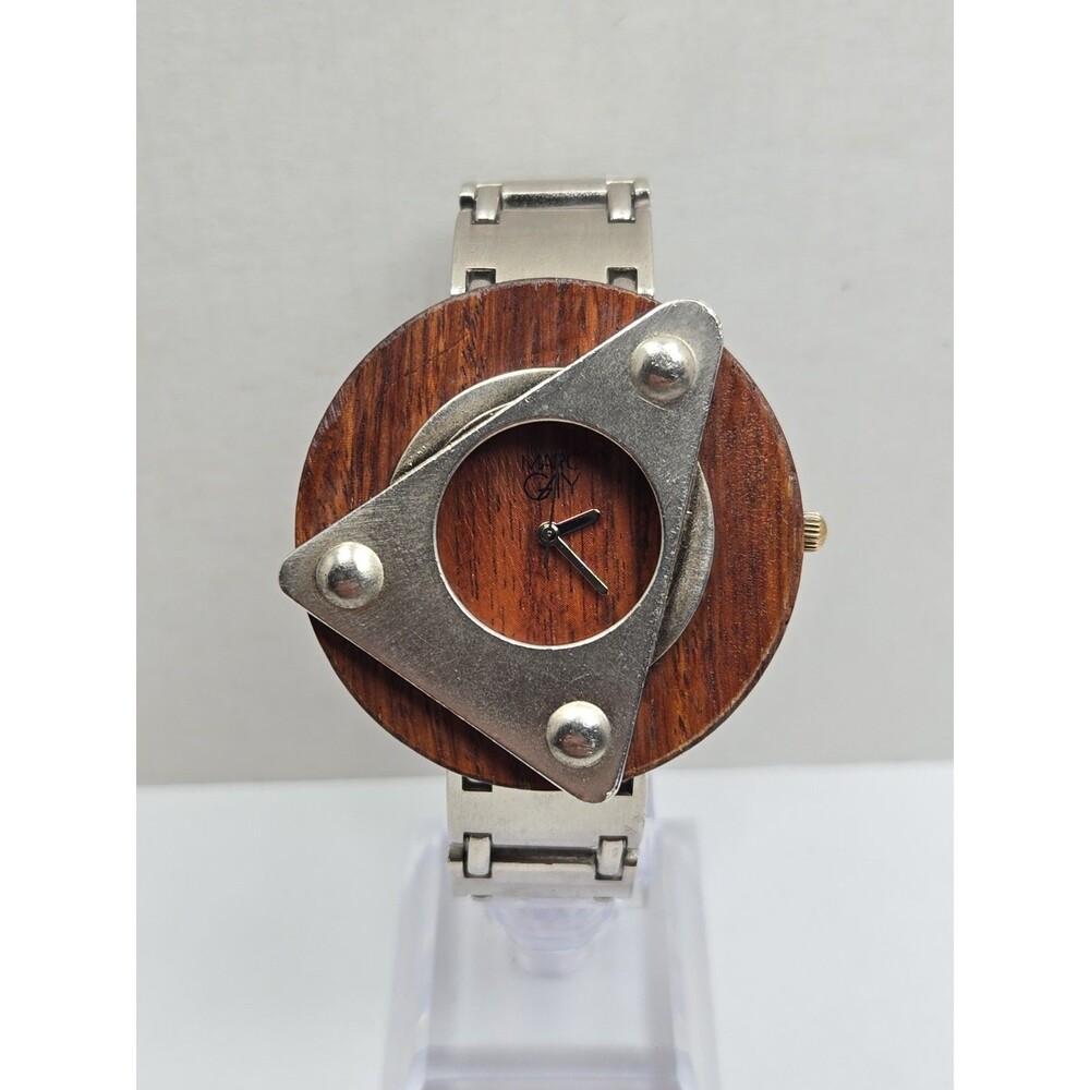 Marc Gay Womens Vintage Wood Dial Geometric Silver Tone Watch Unique New Battery